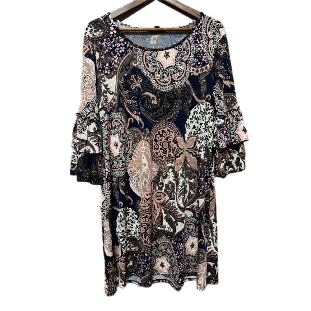 Espresso Paisley Shift Dress Womens Large Navy Pink Ruffle Bell Sleeve MD14223